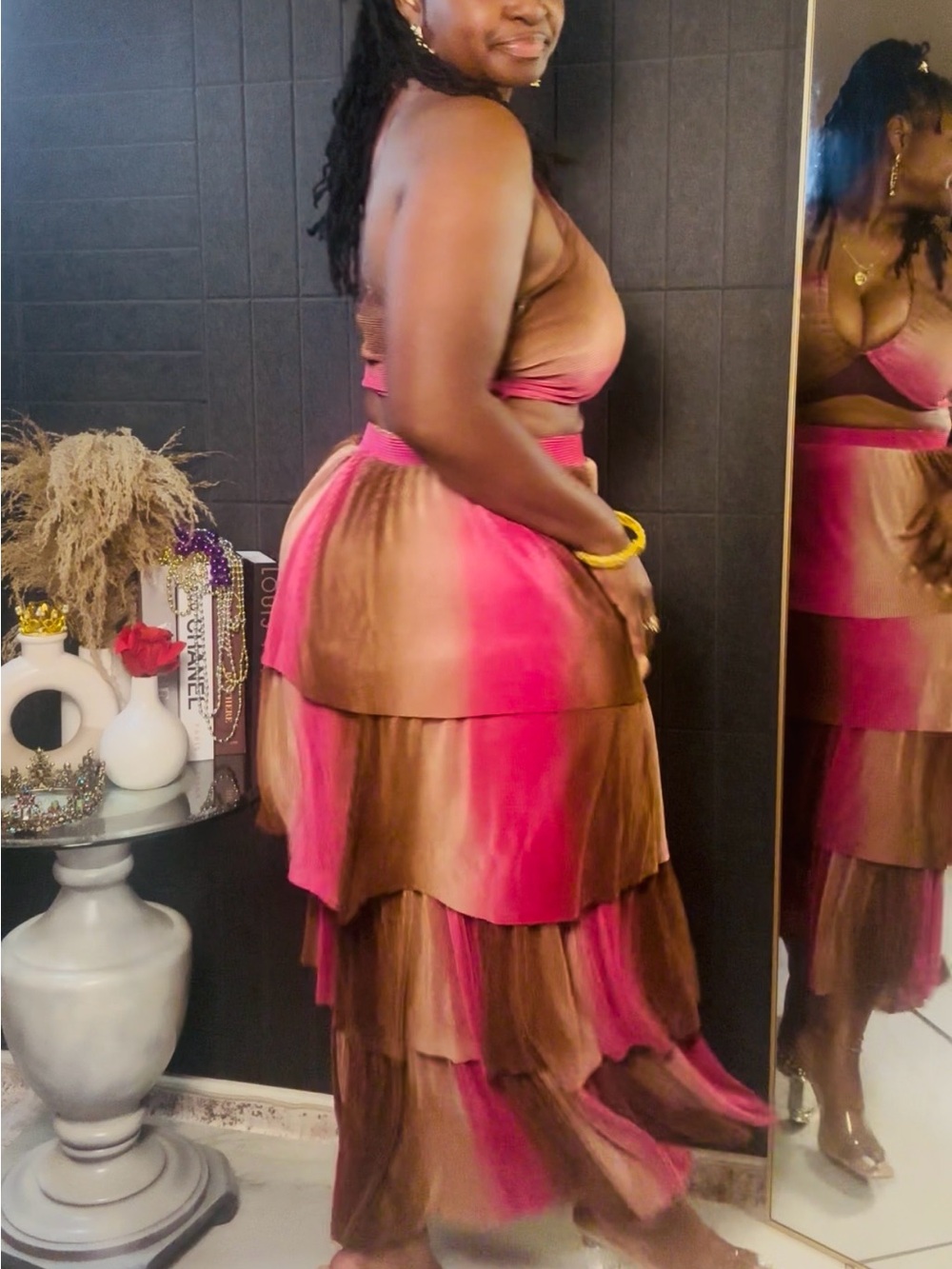 Tiered Pink Brown Maxi Skirt set - Women's